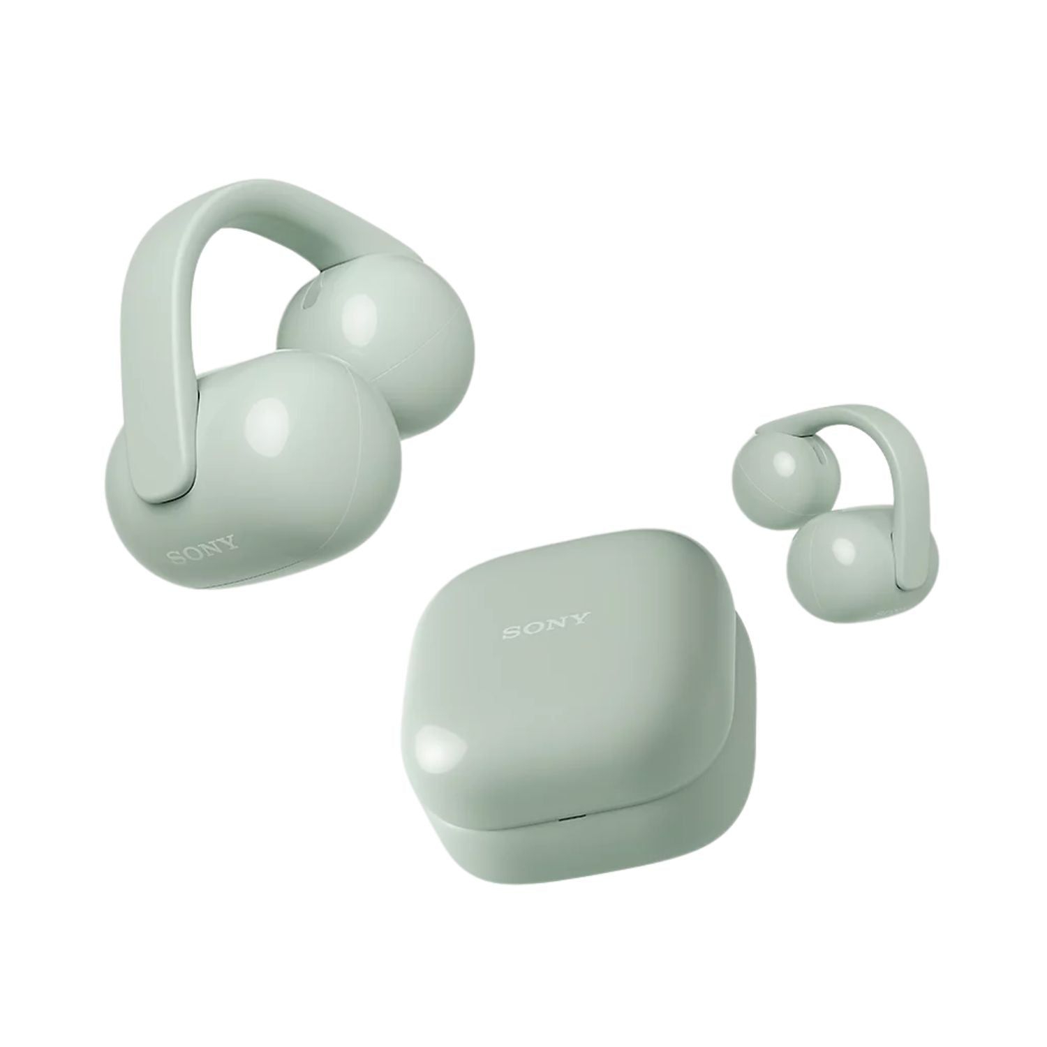 Green open-ear true wireless earbuds with charging case and two ear clips